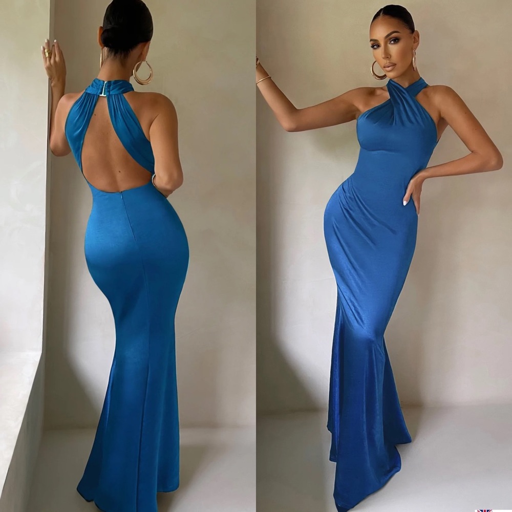 ELECTRIC BLUE CROSS OVER HALTER NECK MAXI DRESS